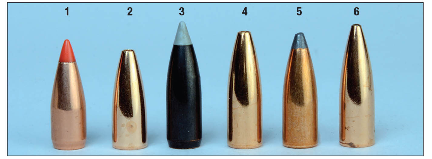Six bullets used include the (1) Hornady 40-grain V-MAX, (2) Berger 40 FB Varmint, (3) Nosler 50 Ballistic Silvertip, (4) Berger 50 FB Varmint, (5) Sierra 55 Blitz and  (6) Berger 55-grain FB Target.